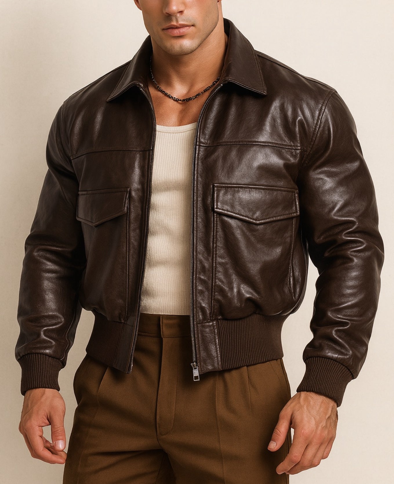 Cafe Maverick Brown Leather Bomber Jacket
