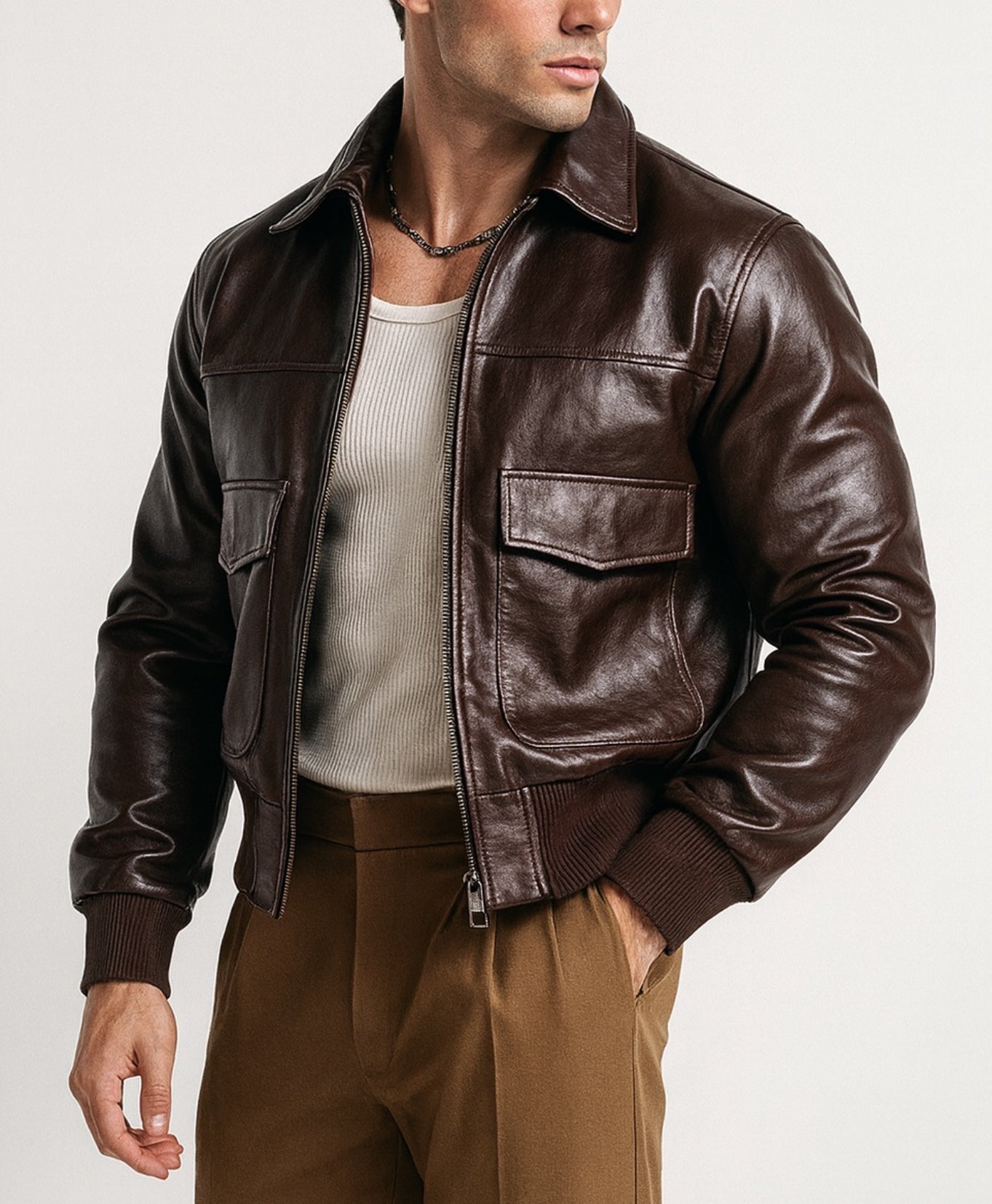 Cafe Maverick Brown Leather Bomber Jacket