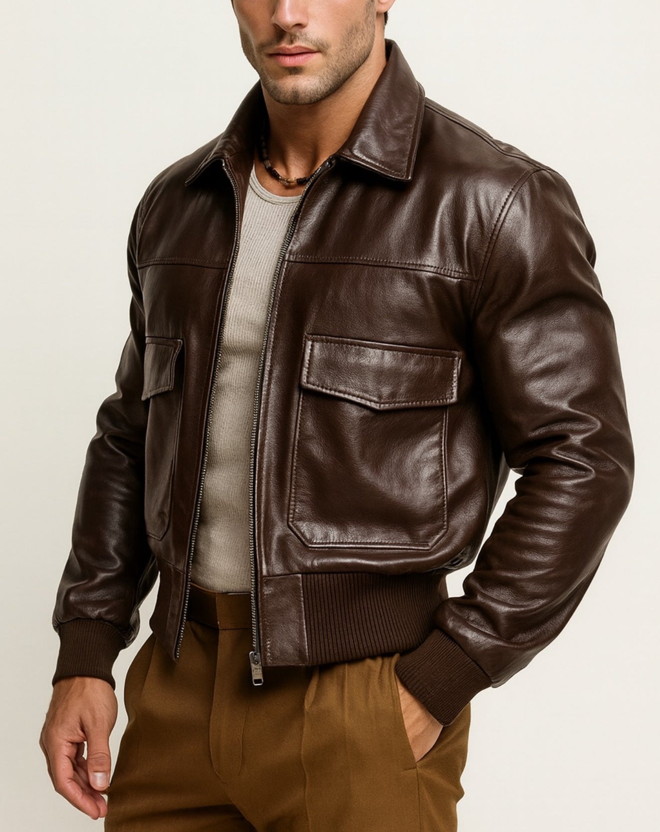 Cafe Maverick Brown Leather Bomber Jacket