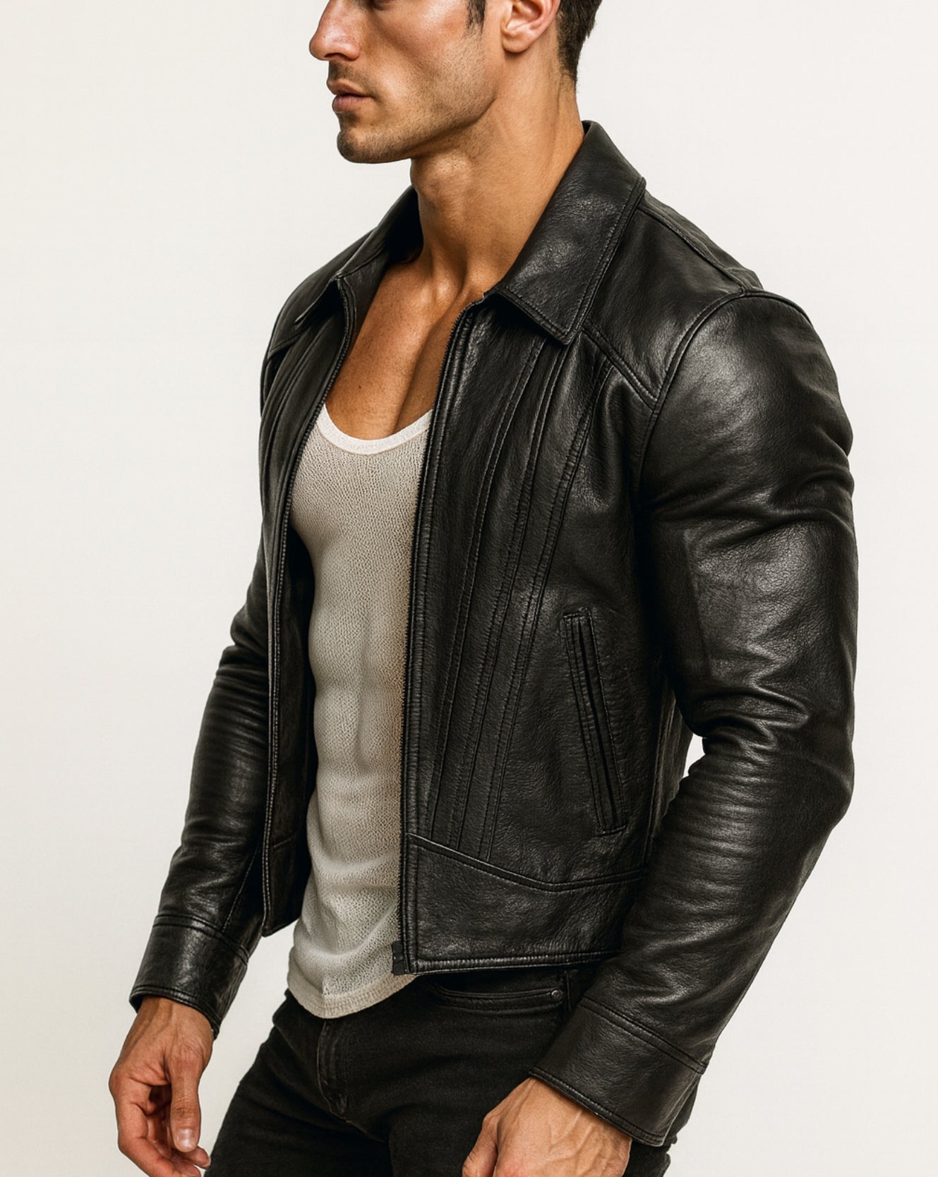 Midnight Sculpt Black Leather Racer Jacket