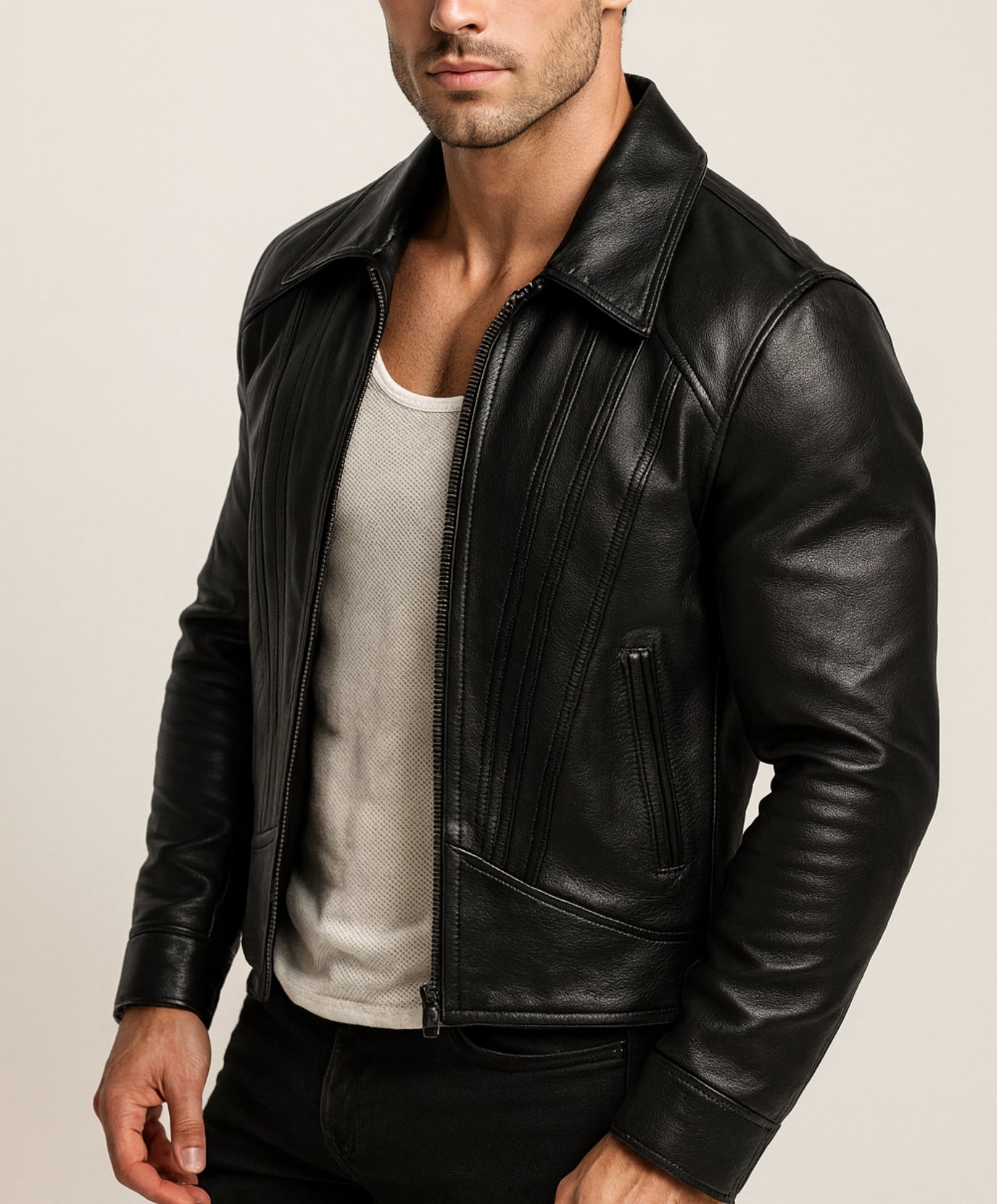 Midnight Sculpt Black Leather Racer Jacket
