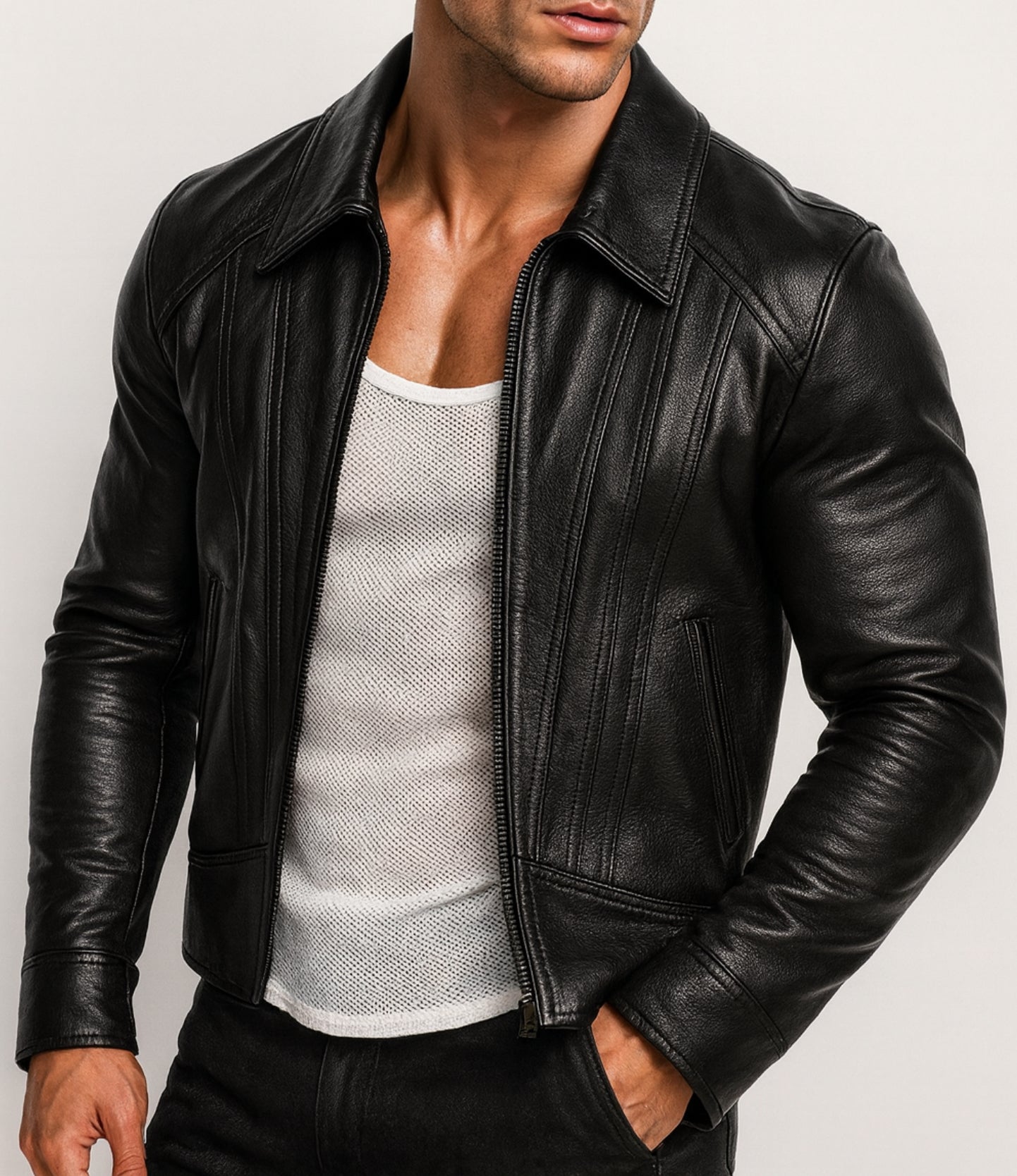 Midnight Sculpt Black Leather Racer Jacket