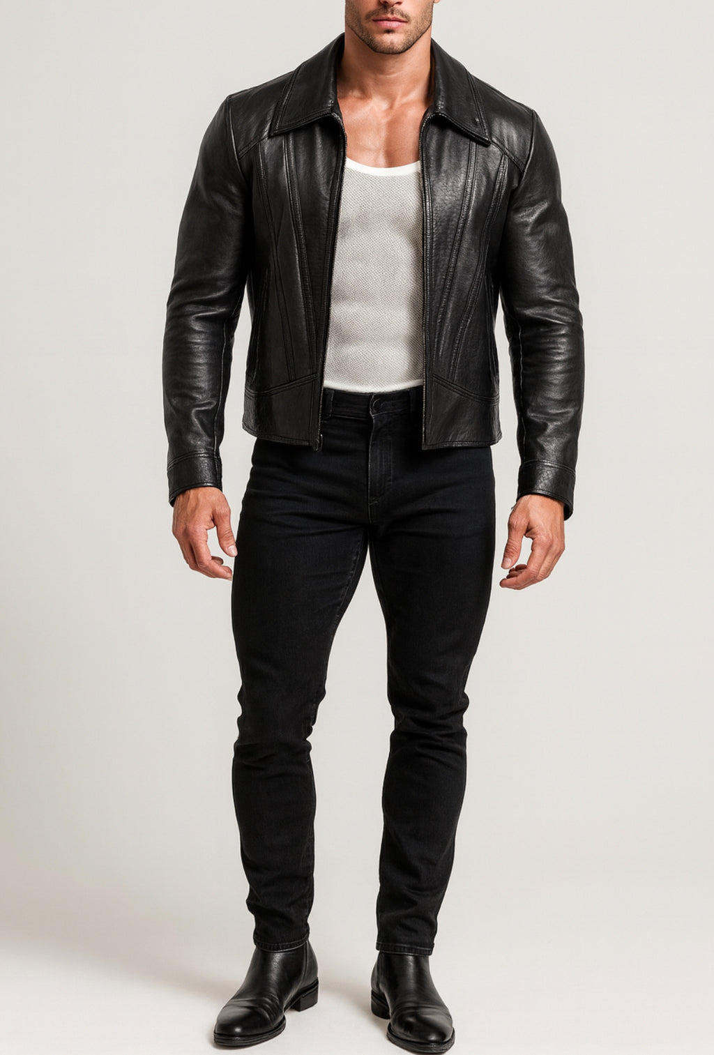 Midnight Sculpt Black Leather Racer Jacket