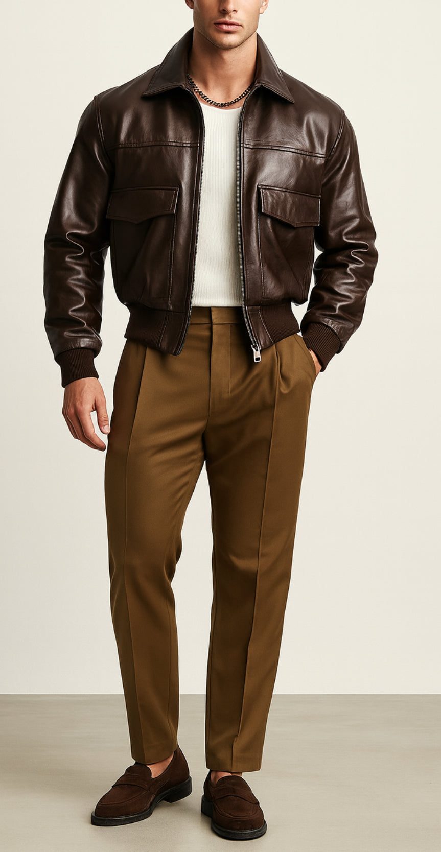 Cafe Maverick Brown Leather Bomber Jacket