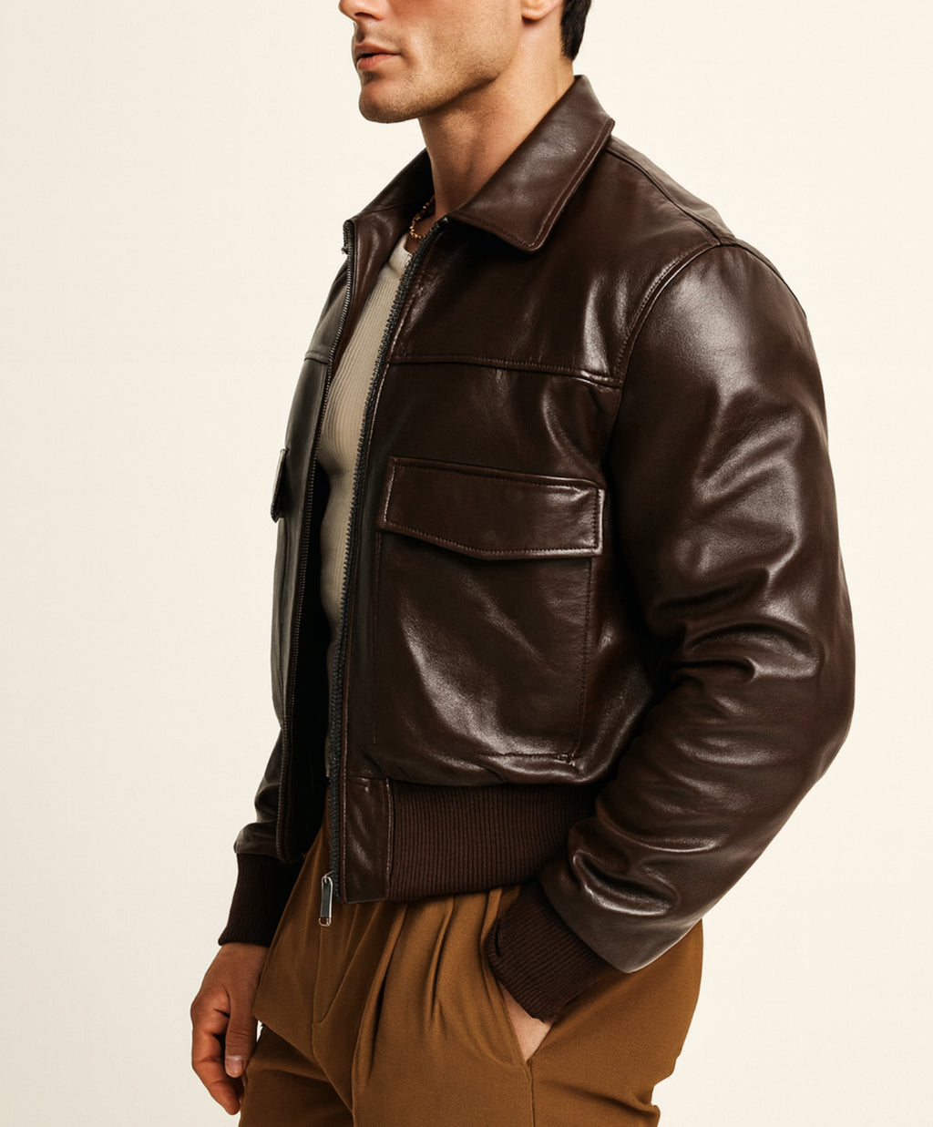 Cafe Maverick Brown Leather Bomber Jacket