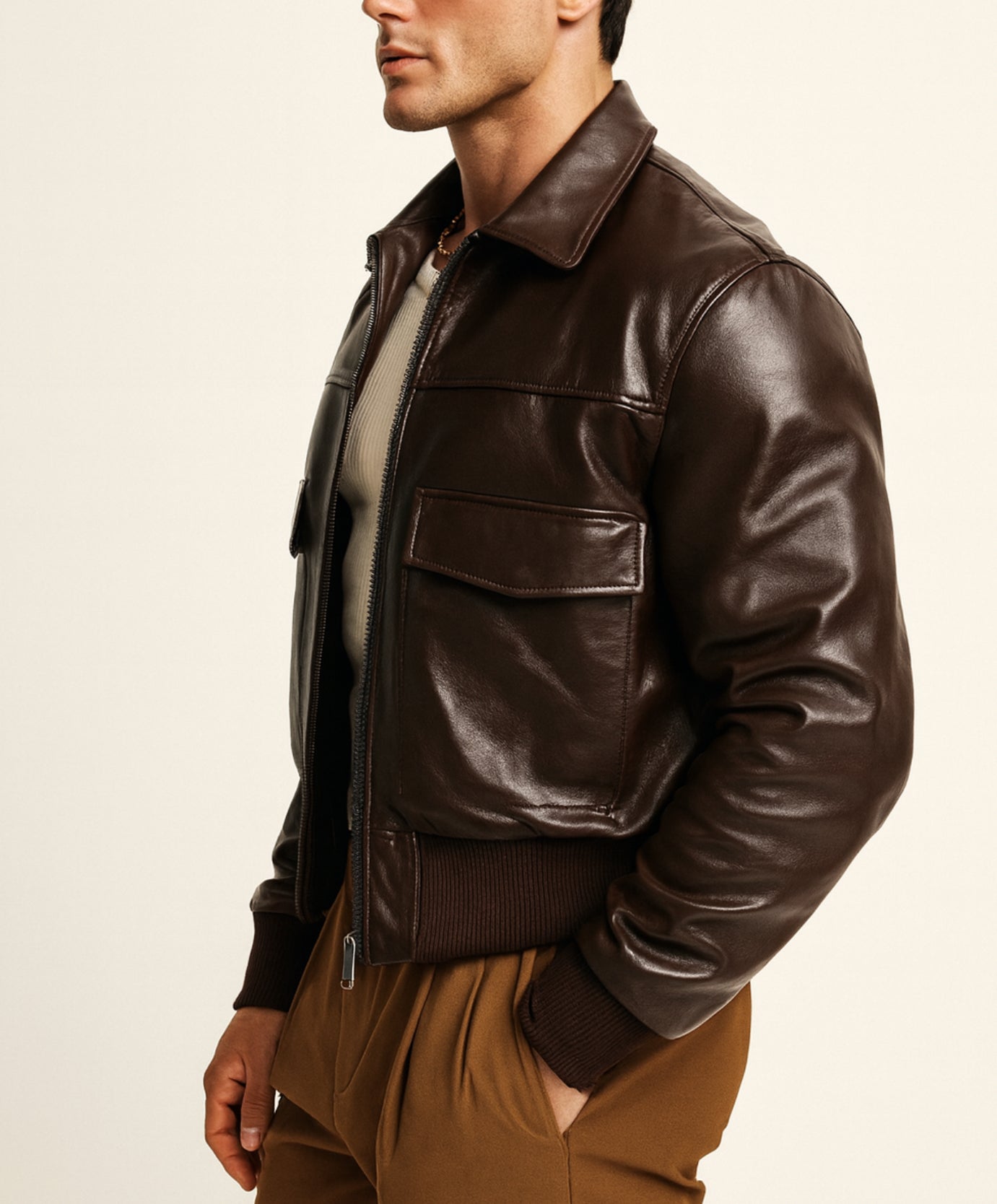 Cafe Maverick Brown Leather Bomber Jacket