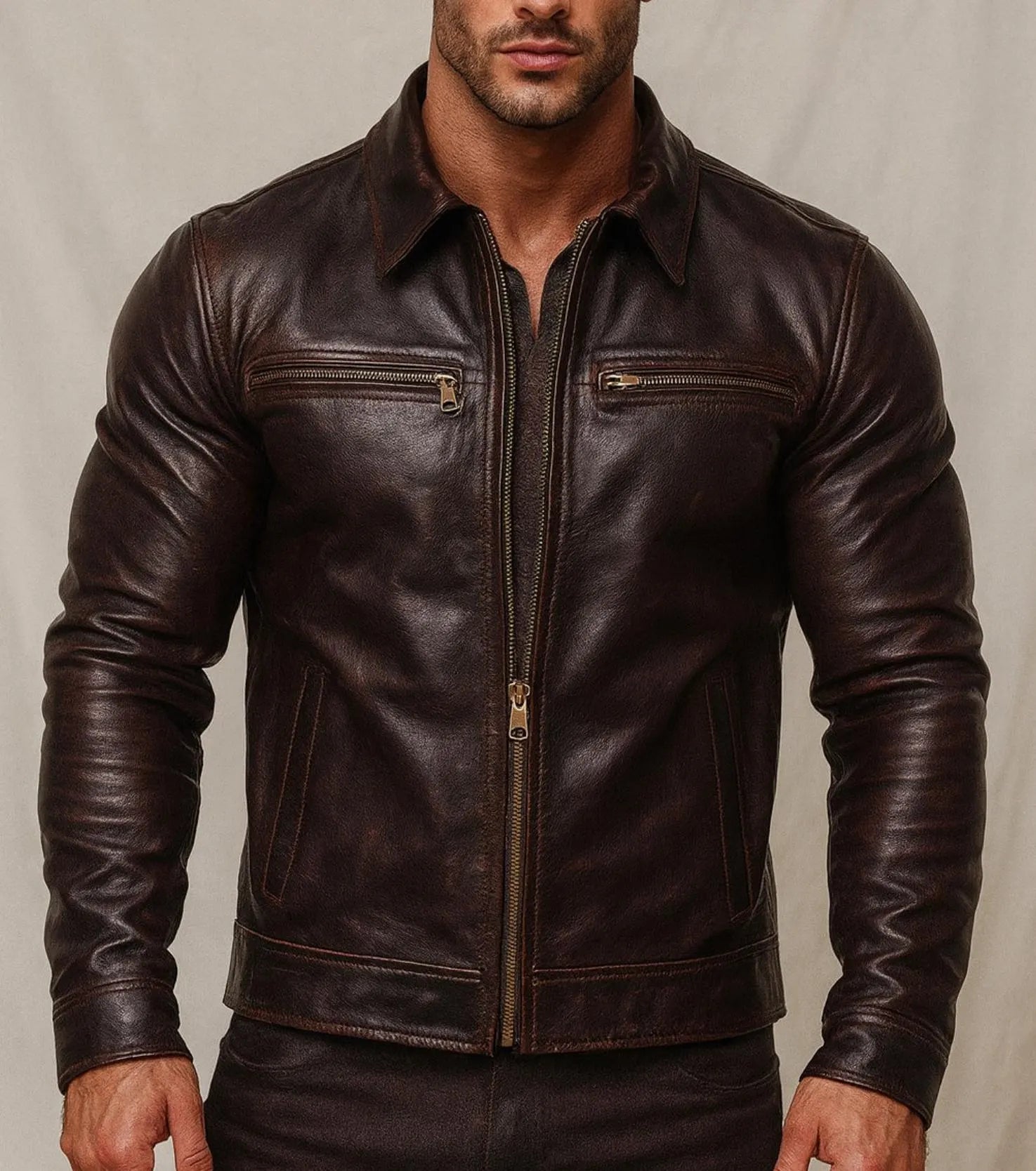 SHADOWMARK Vintage Brown Leather Moto Jacket
