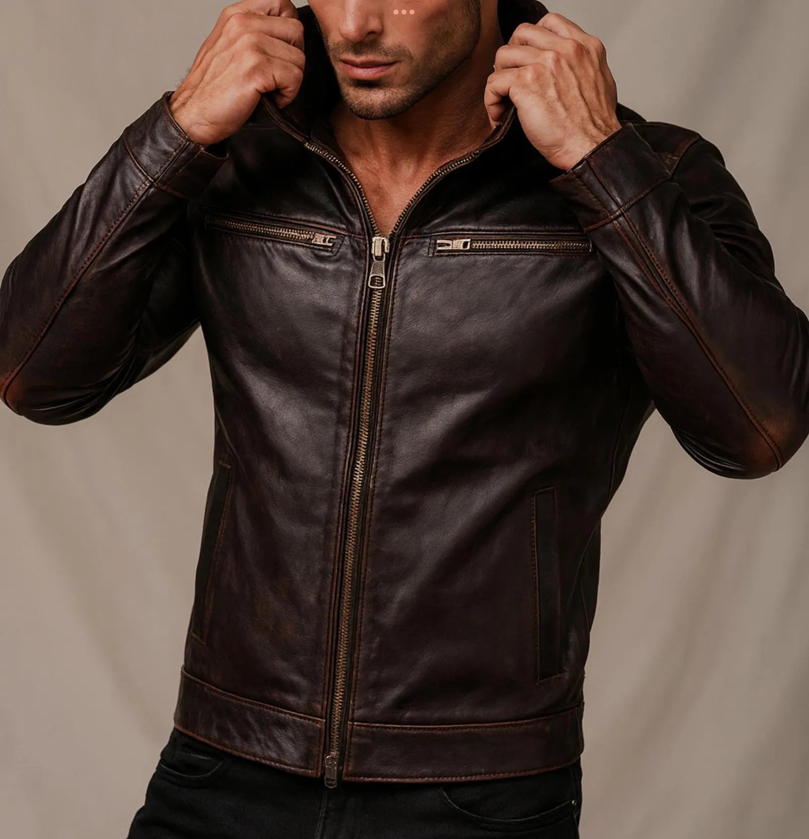 SHADOWMARK Vintage Brown Leather Moto Jacket