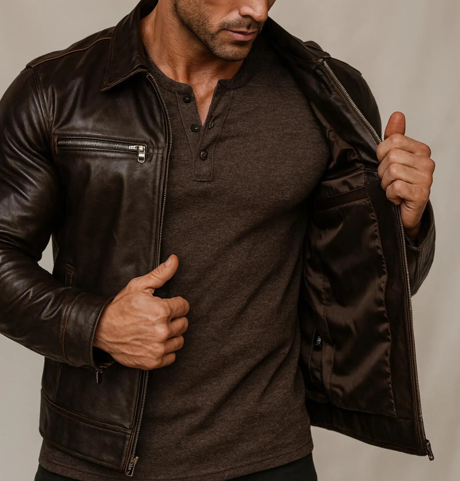 SHADOWMARK Vintage Brown Leather Moto Jacket