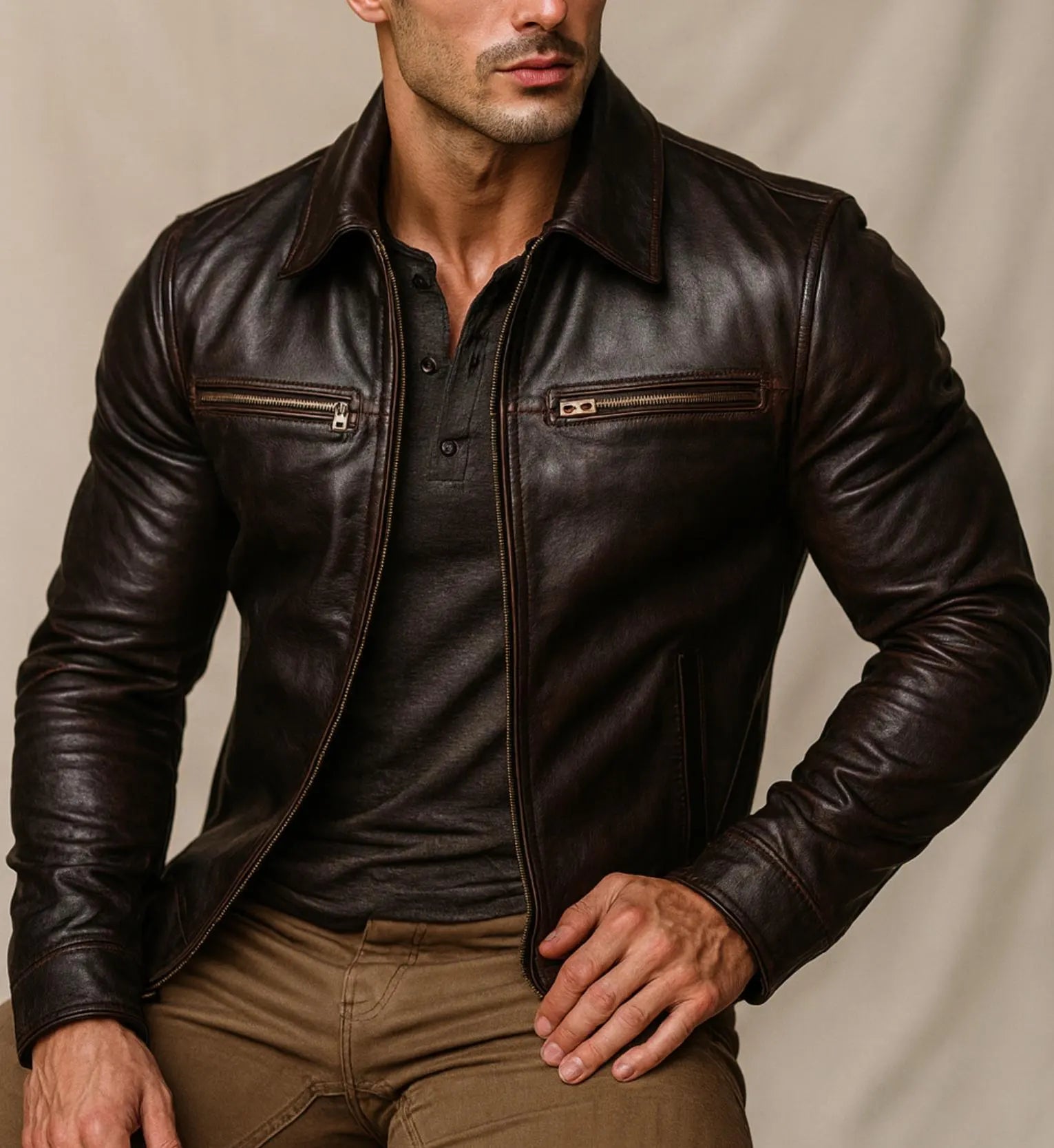 SHADOWMARK Vintage Brown Leather Moto Jacket
