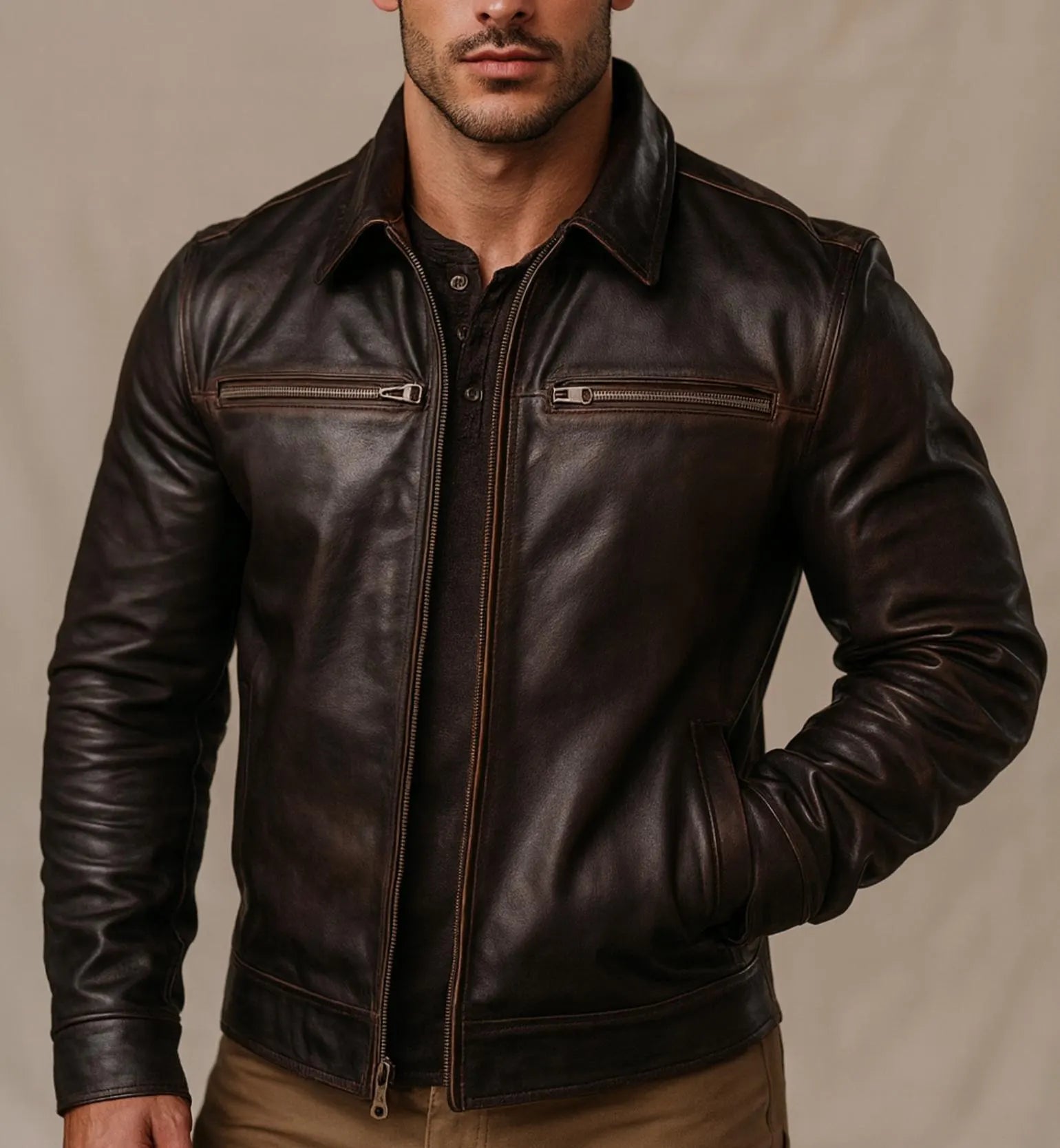 SHADOWMARK Vintage Brown Leather Moto Jacket