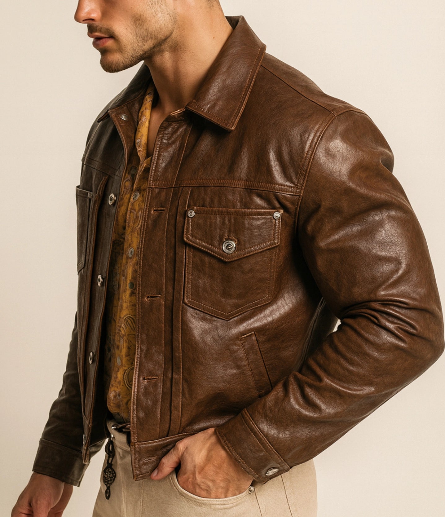 Tobacco Storm Brown Leather Trucker Jacket