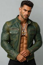 Urban Viper Distressed Green Leather Biker Jacket