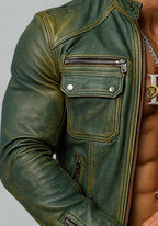 Urban Viper Distressed Green Leather Biker Jacket