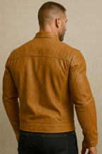 Men's Tan Sheepskin Leather Biker Jacket Slim Fit Moto Style