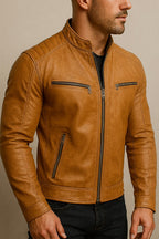 Men's Tan Sheepskin Leather Biker Jacket Slim Fit Moto Style