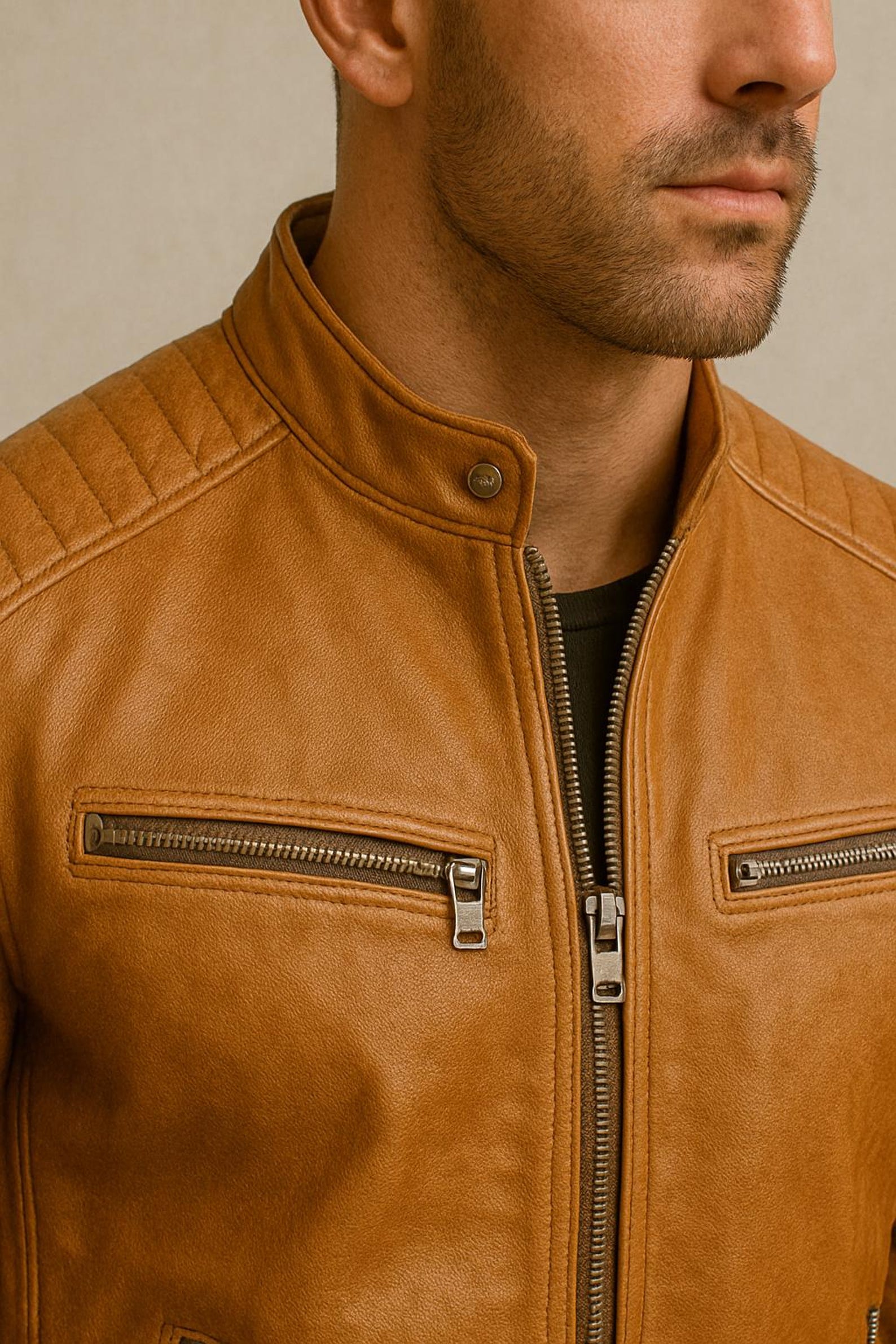 Men's Tan Sheepskin Leather Biker Jacket Slim Fit Moto Style