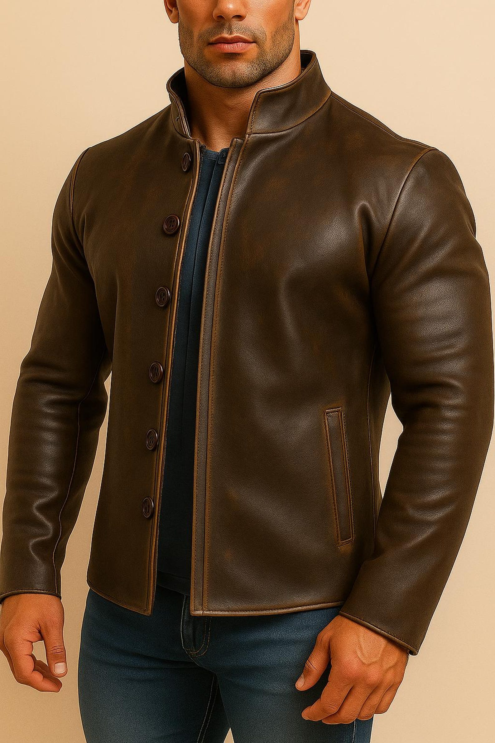 Men's Distressed Brown Leather Jacket- Handmade Mandarin Collar Button-Up in 100%