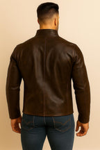 Men's Distressed Brown Leather Jacket- Handmade Mandarin Collar Button-Up in 100%