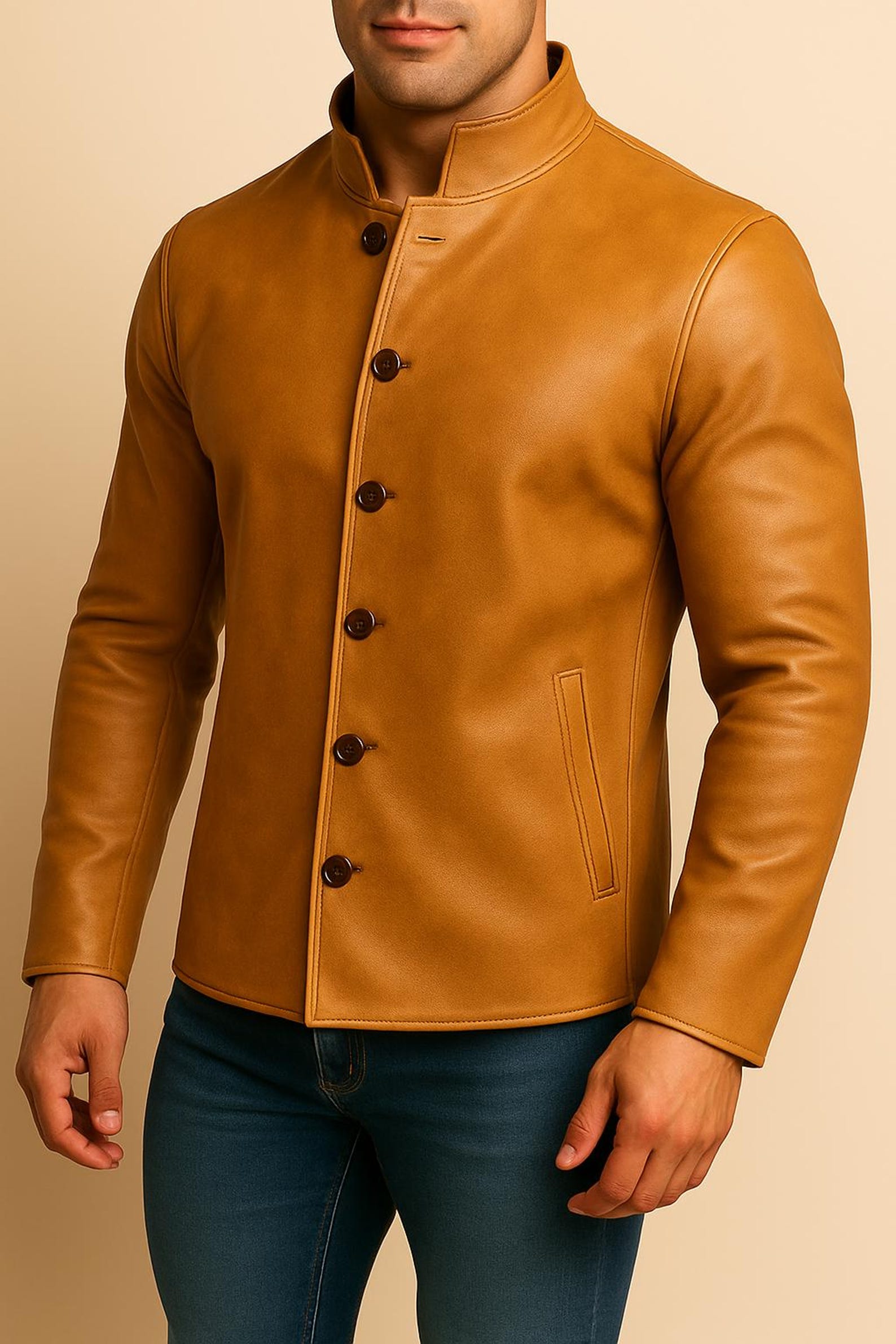 Men's Distressed Brown Leather Jacket- Handmade Mandarin Collar Button-Up in 100%