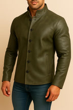 Men's Distressed Brown Leather Jacket- Handmade Mandarin Collar Button-Up in 100%