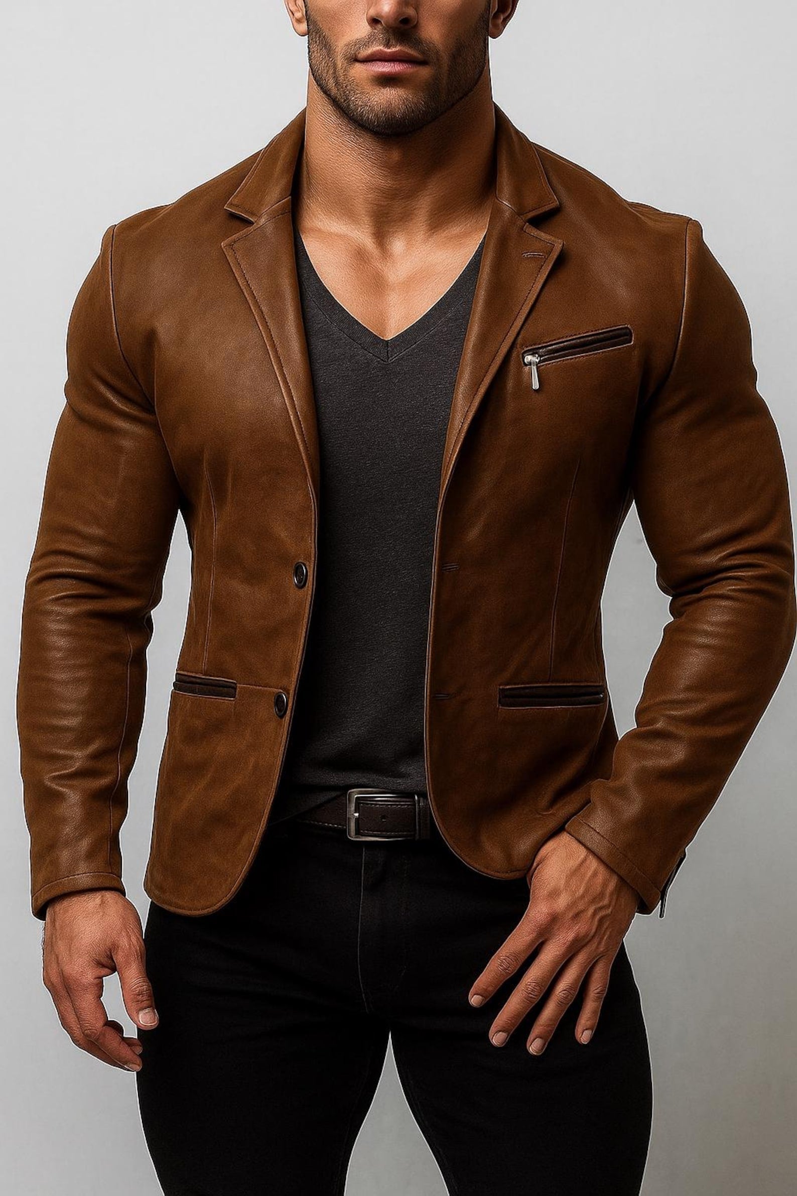 Handmade Brown Sheep Leather Jacket: Slim Fit Collarless Style