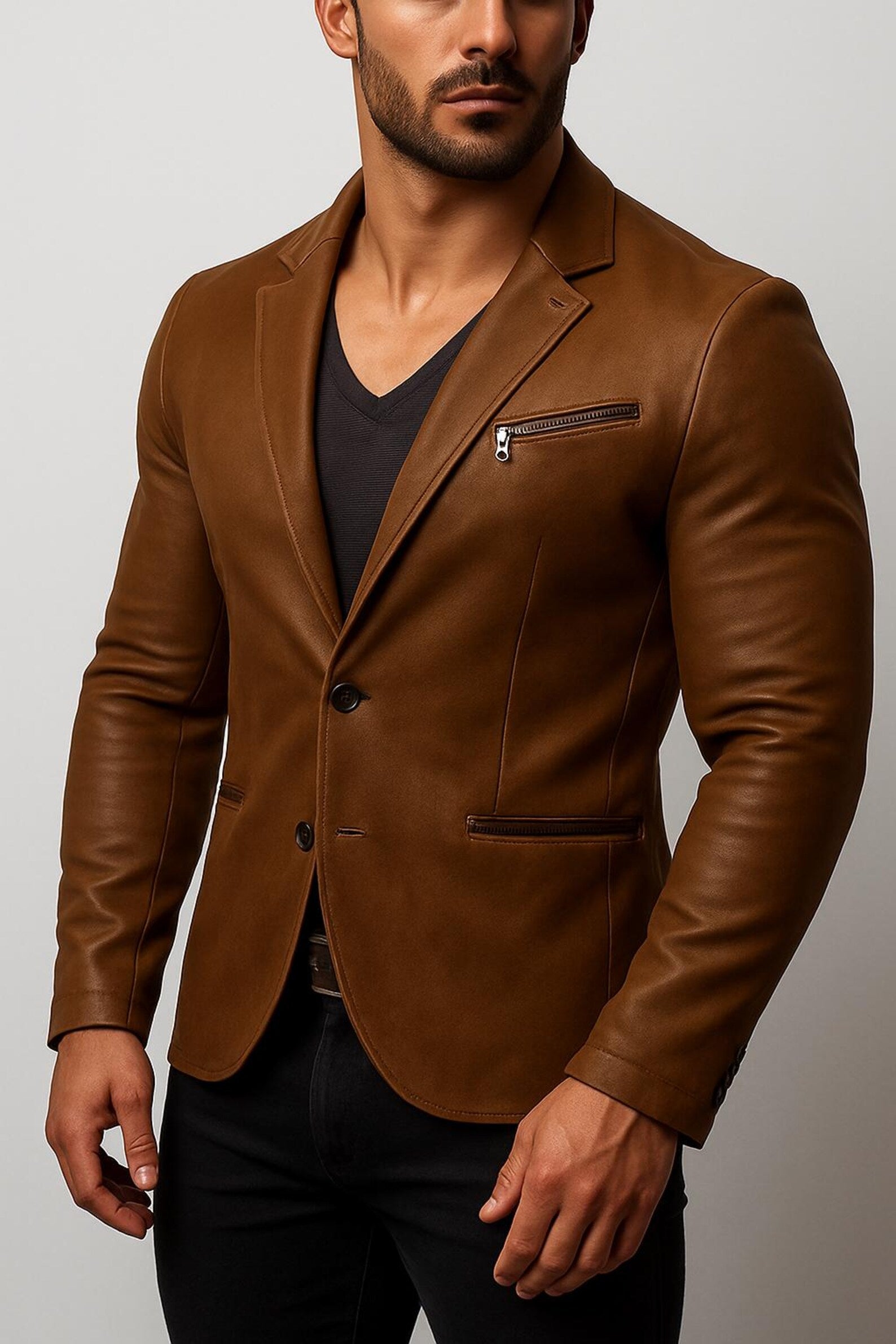 Handmade Brown Sheep Leather Jacket: Slim Fit Collarless Style
