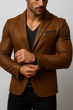 Handmade Brown Sheep Leather Jacket: Slim Fit Collarless Style