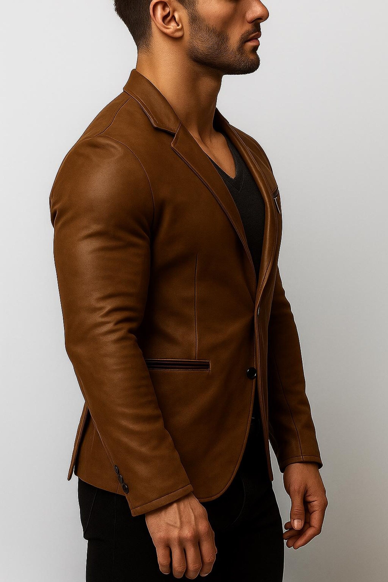 Handmade Brown Sheep Leather Jacket: Slim Fit Collarless Style