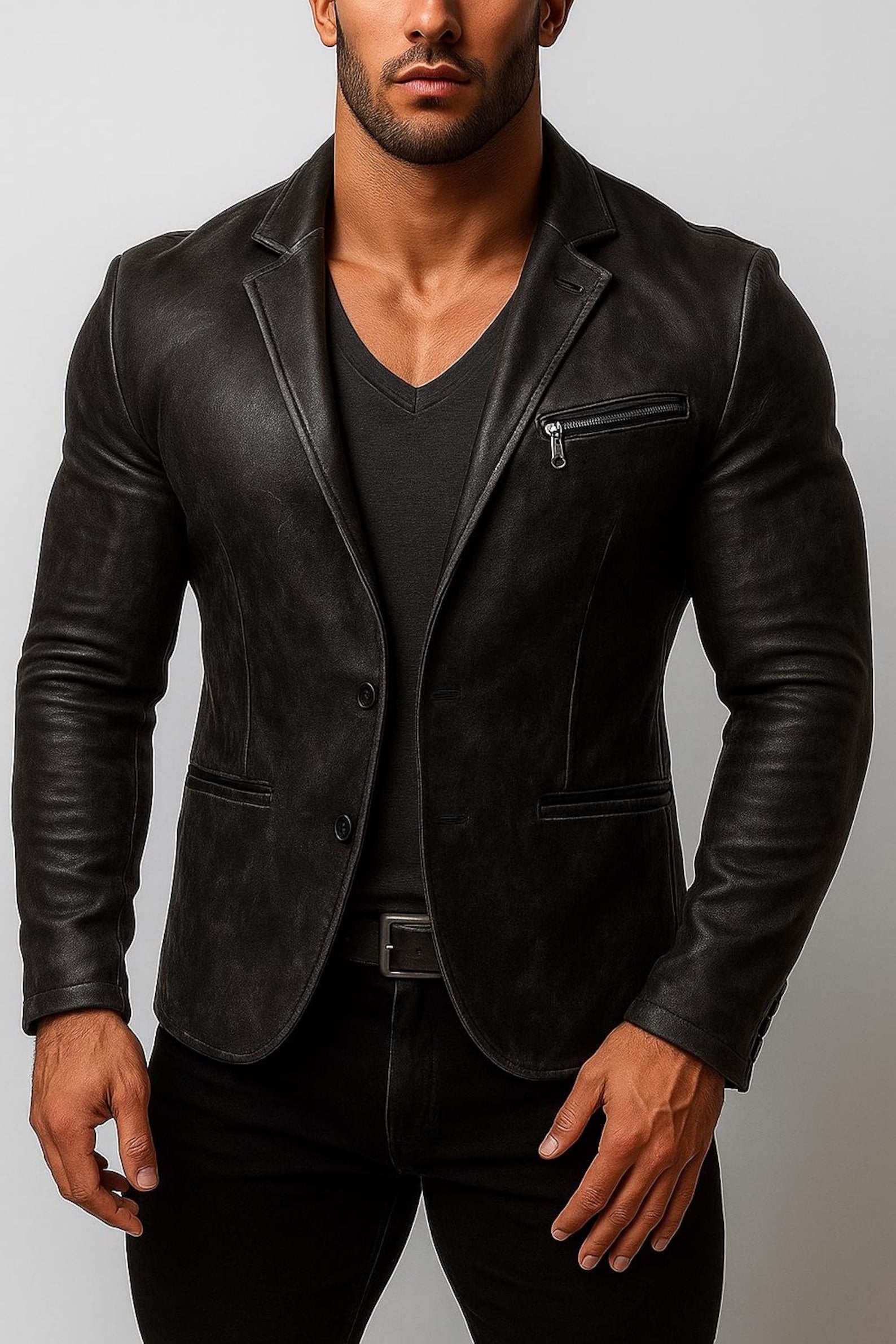 Handmade Brown Sheep Leather Jacket: Slim Fit Collarless Style