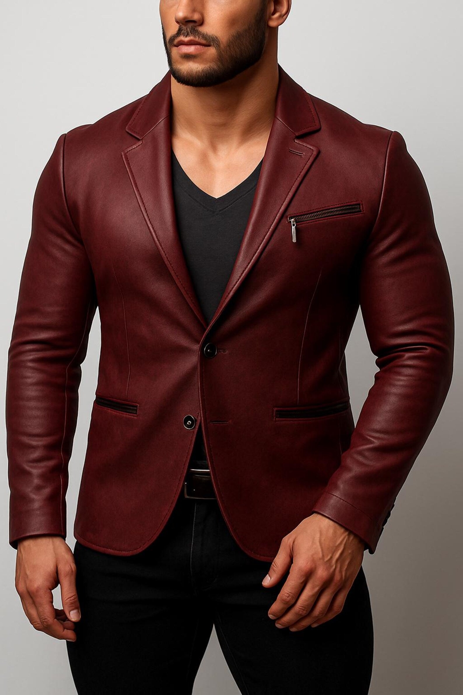 Handmade Brown Sheep Leather Jacket: Slim Fit Collarless Style
