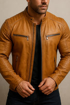 Men's Tan Sheepskin Leather Biker Jacket Slim Fit Moto Style
