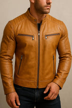 Men's Tan Sheepskin Leather Biker Jacket Slim Fit Moto Style