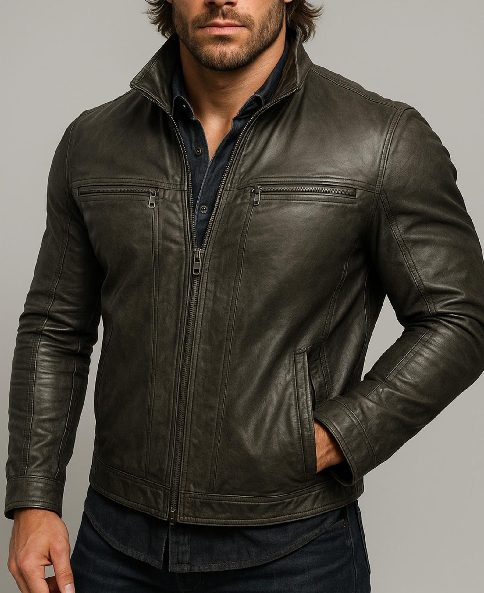 Distressed Charcoal Black Sheep Leather Moto Jacket Dual Zipper Slim Fit