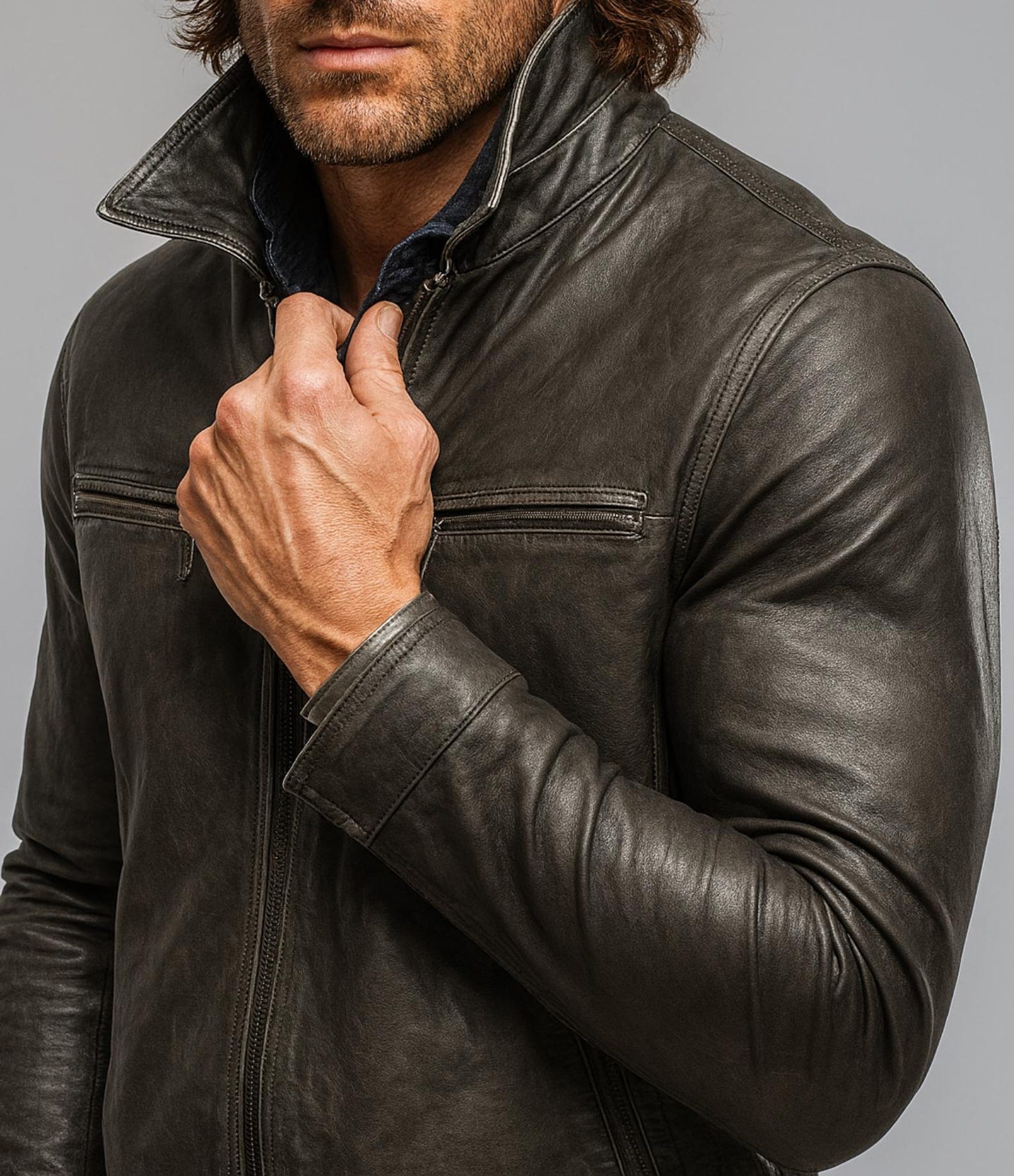 Distressed Charcoal Black Sheep Leather Moto Jacket Dual Zipper Slim Fit