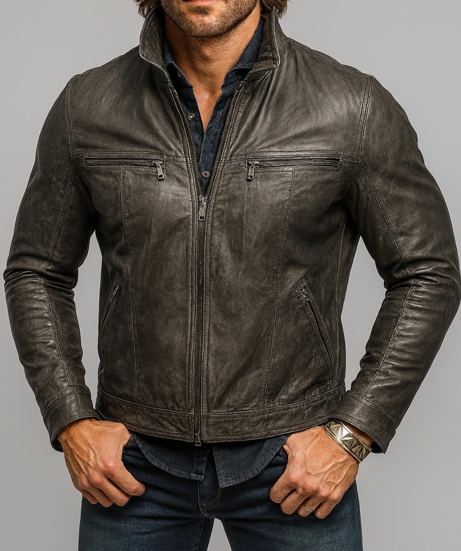 Distressed Charcoal Black Sheep Leather Moto Jacket Dual Zipper Slim Fit