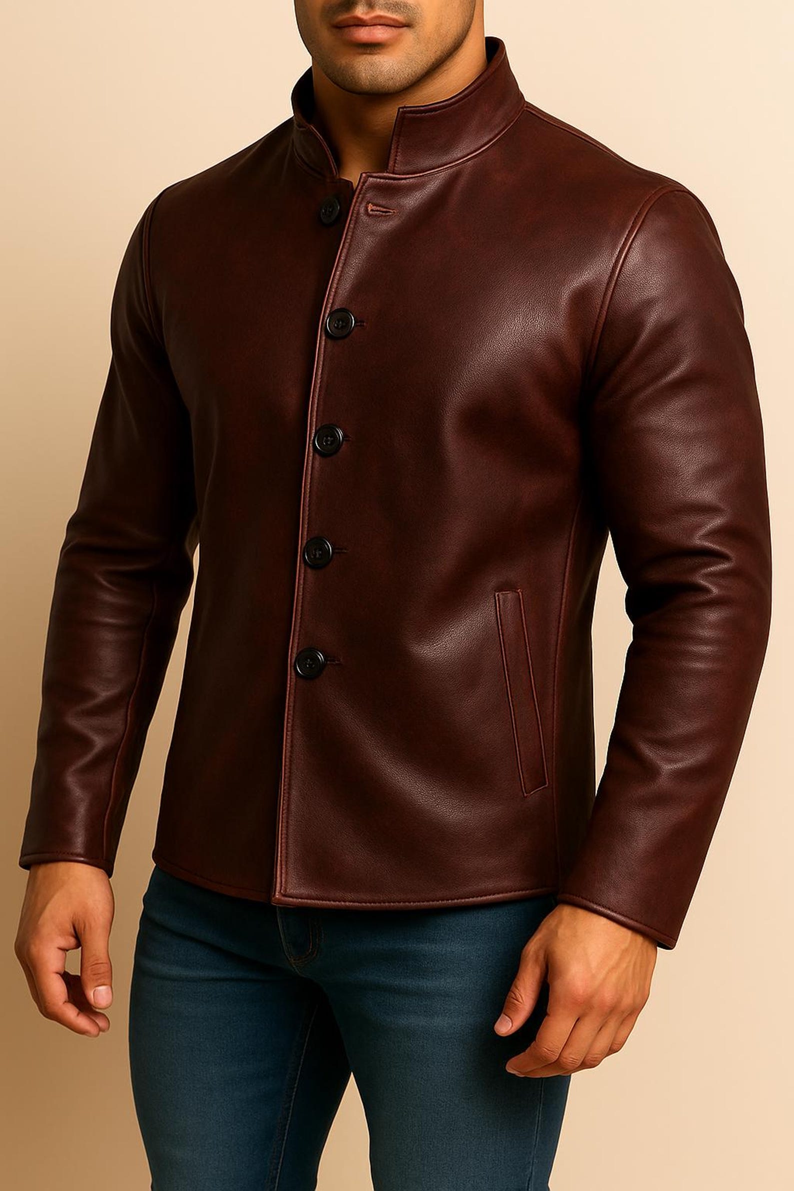 Men's Distressed Brown Leather Jacket- Handmade Mandarin Collar Button-Up in 100%