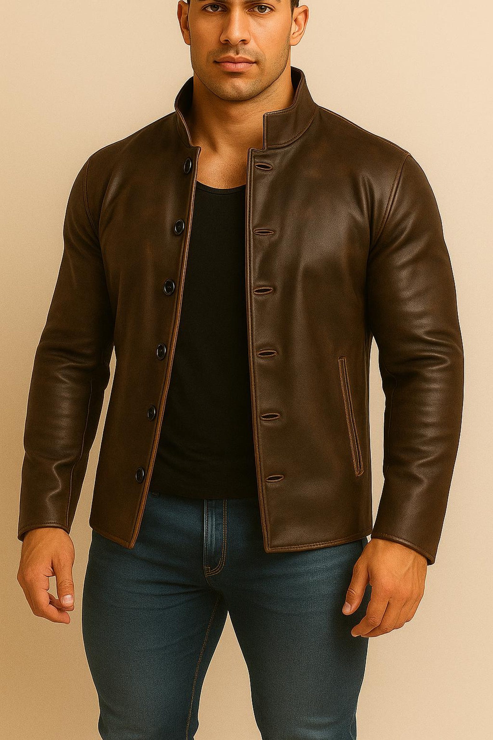 Men's Distressed Brown Leather Jacket- Handmade Mandarin Collar Button-Up in 100%