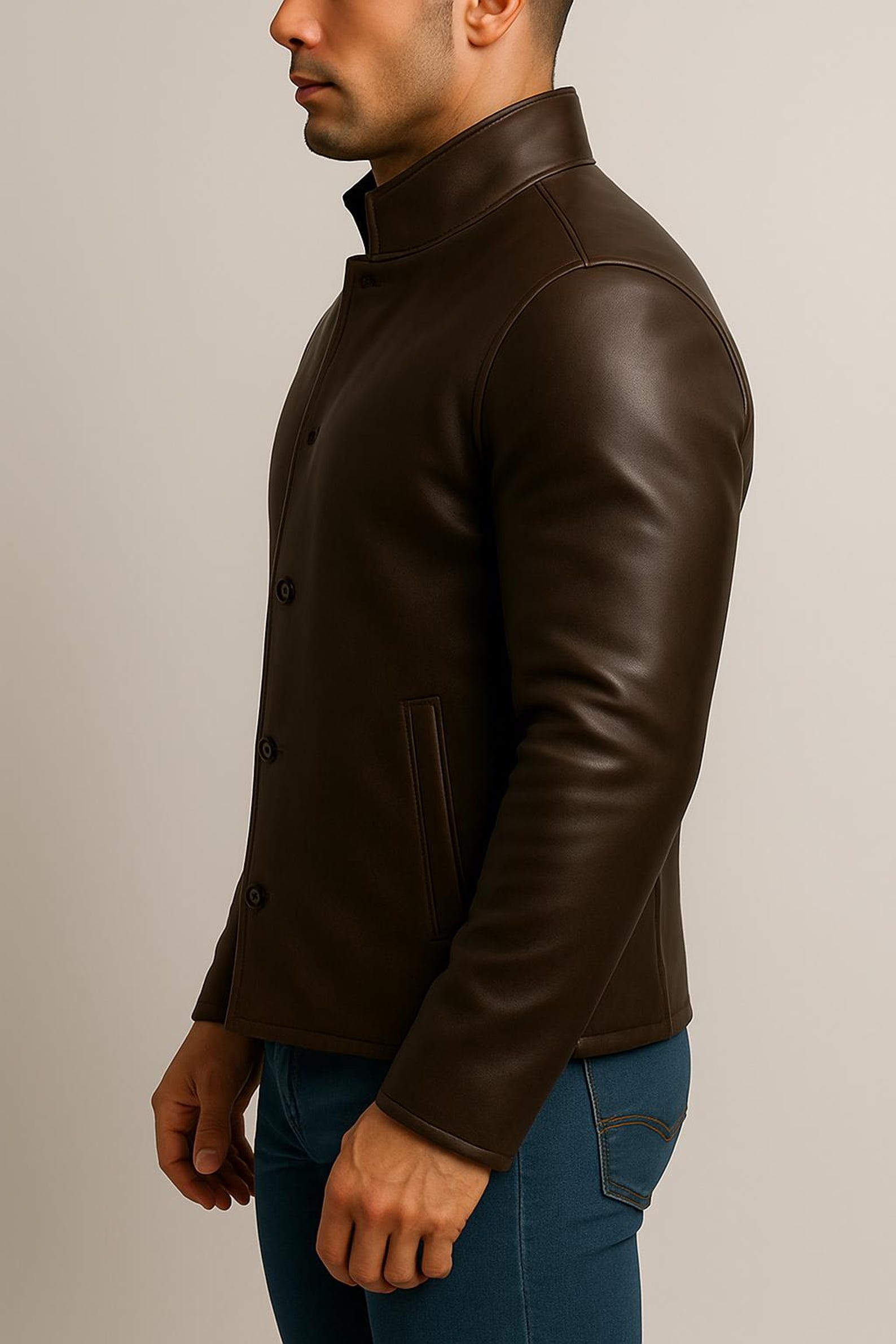 Men's Distressed Brown Leather Jacket- Handmade Mandarin Collar Button-Up in 100%