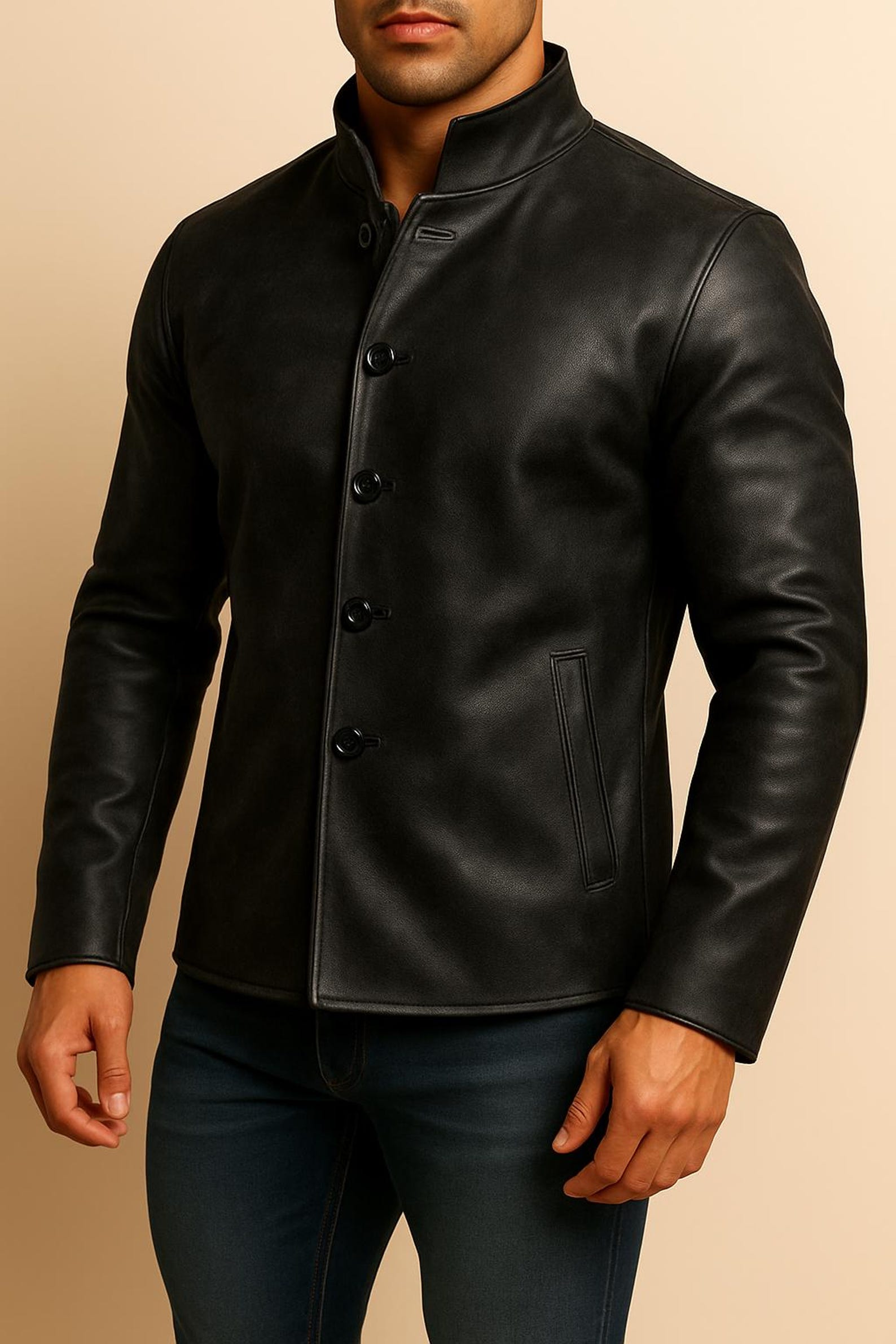 Men's Distressed Brown Leather Jacket- Handmade Mandarin Collar Button-Up in 100%
