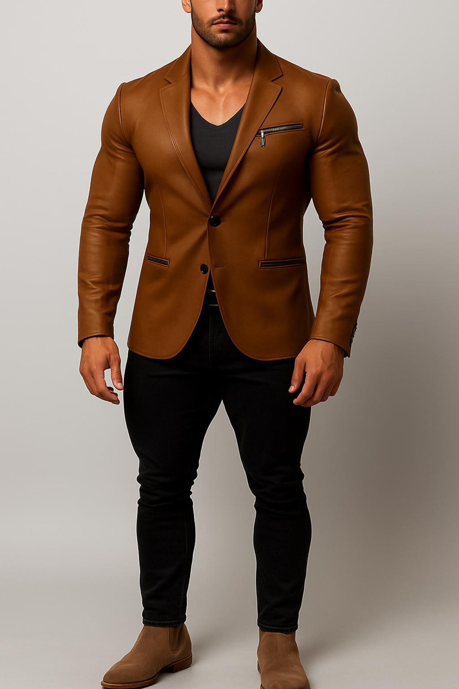 Handmade Brown Sheep Leather Jacket: Slim Fit Collarless Style