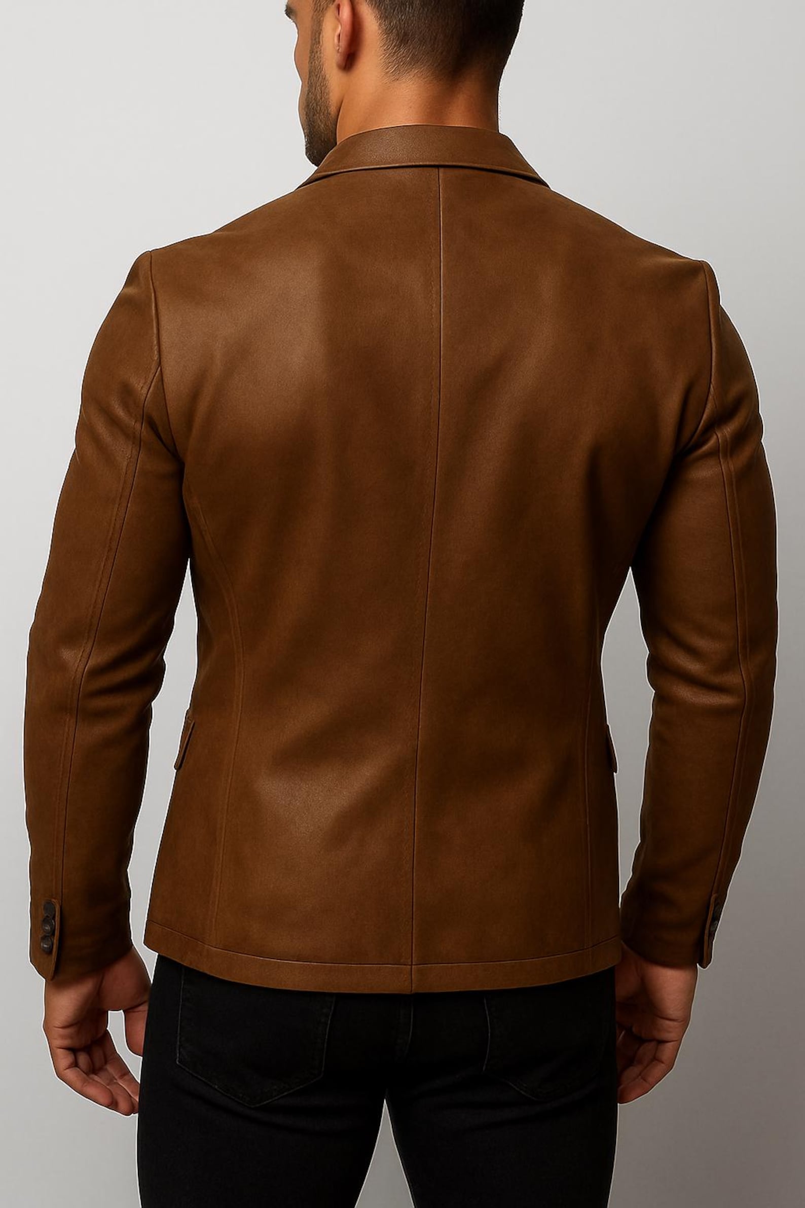 Handmade Brown Sheep Leather Jacket: Slim Fit Collarless Style