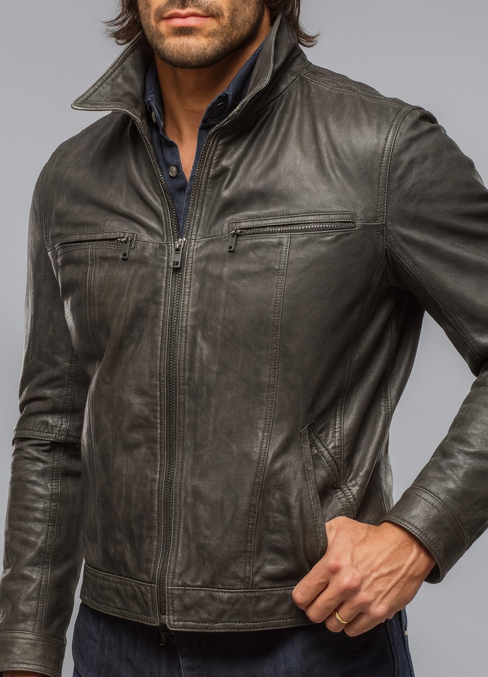 Distressed Charcoal Black Sheep Leather Moto Jacket Dual Zipper Slim Fit