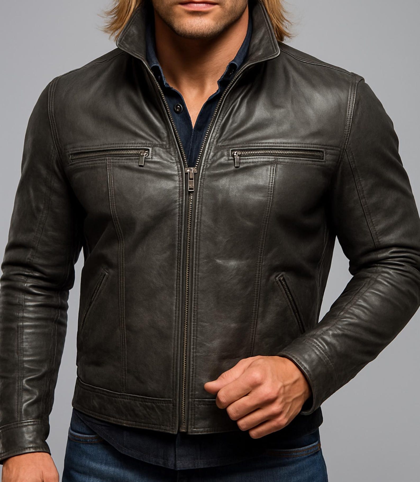 Distressed Charcoal Black Sheep Leather Moto Jacket Dual Zipper Slim Fit