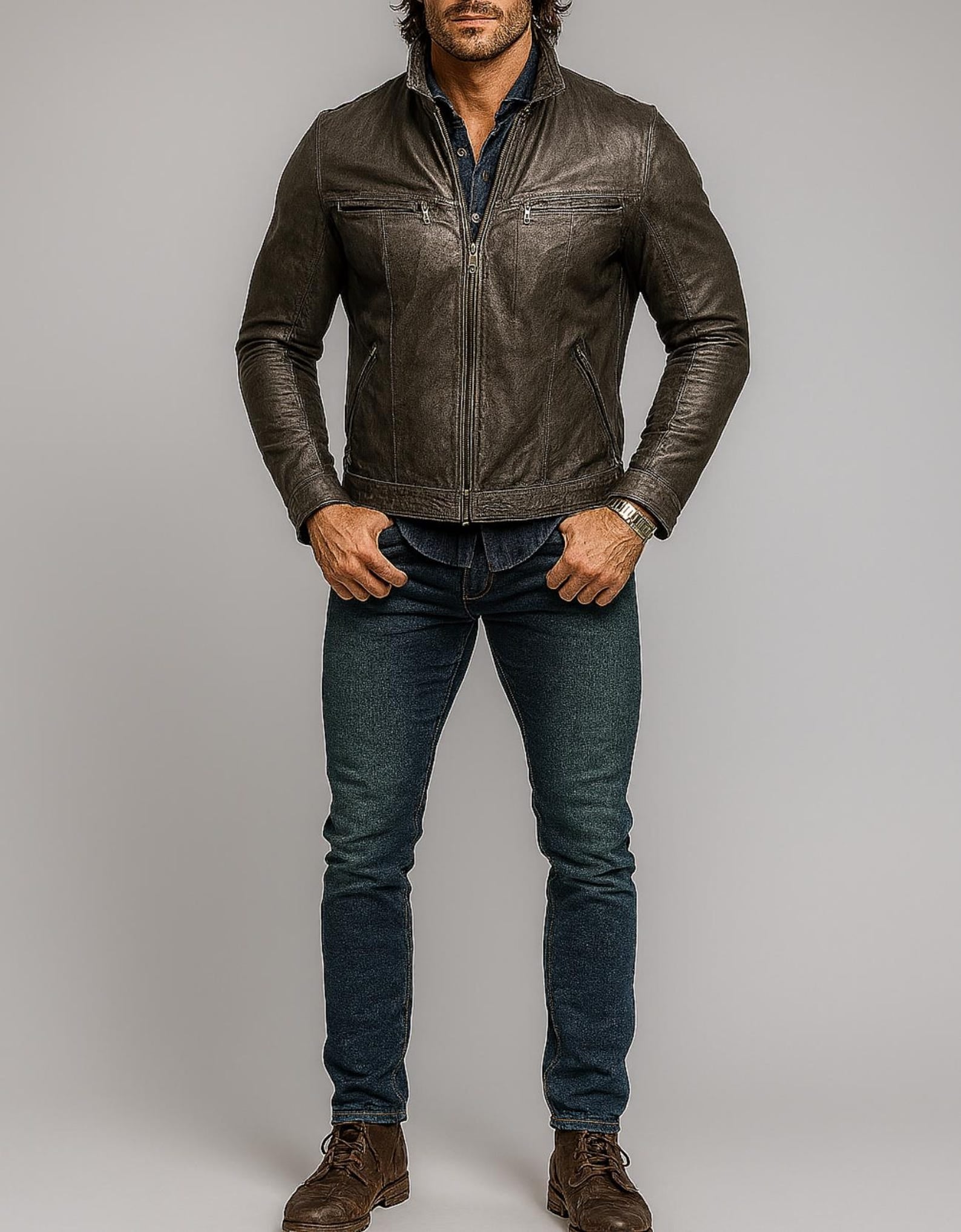 Distressed Charcoal Black Sheep Leather Moto Jacket Dual Zipper Slim Fit