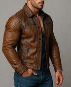 Men's Sheep Leather Biker Jacket: Slim Fit Cognac Brown - Daaran
