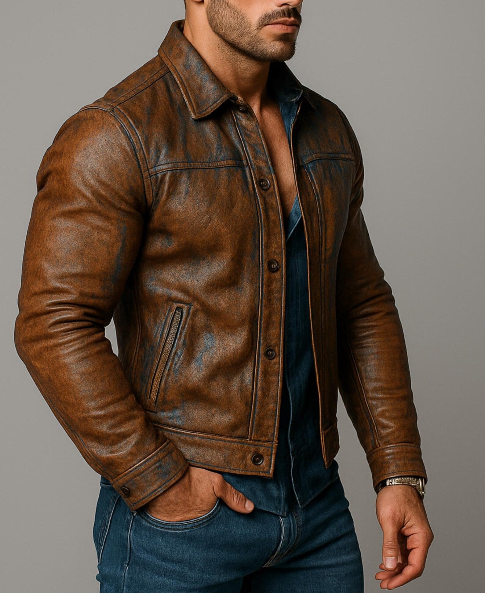Men's Sheep Leather Biker Jacket: Slim Fit Cognac Brown - Daaran