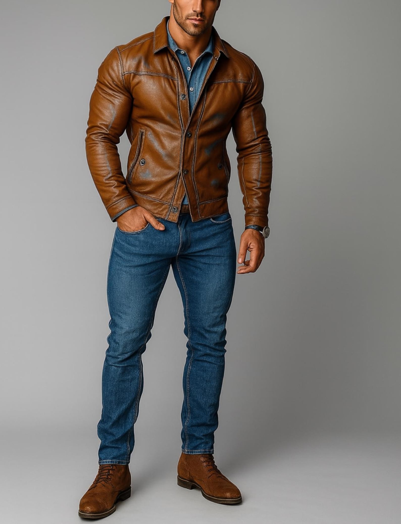 Men's Sheep Leather Biker Jacket: Slim Fit Cognac Brown - Daaran
