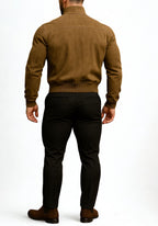 Men's Suede Bomber Jacket-Camel Brown, Dual Zipper-Valor