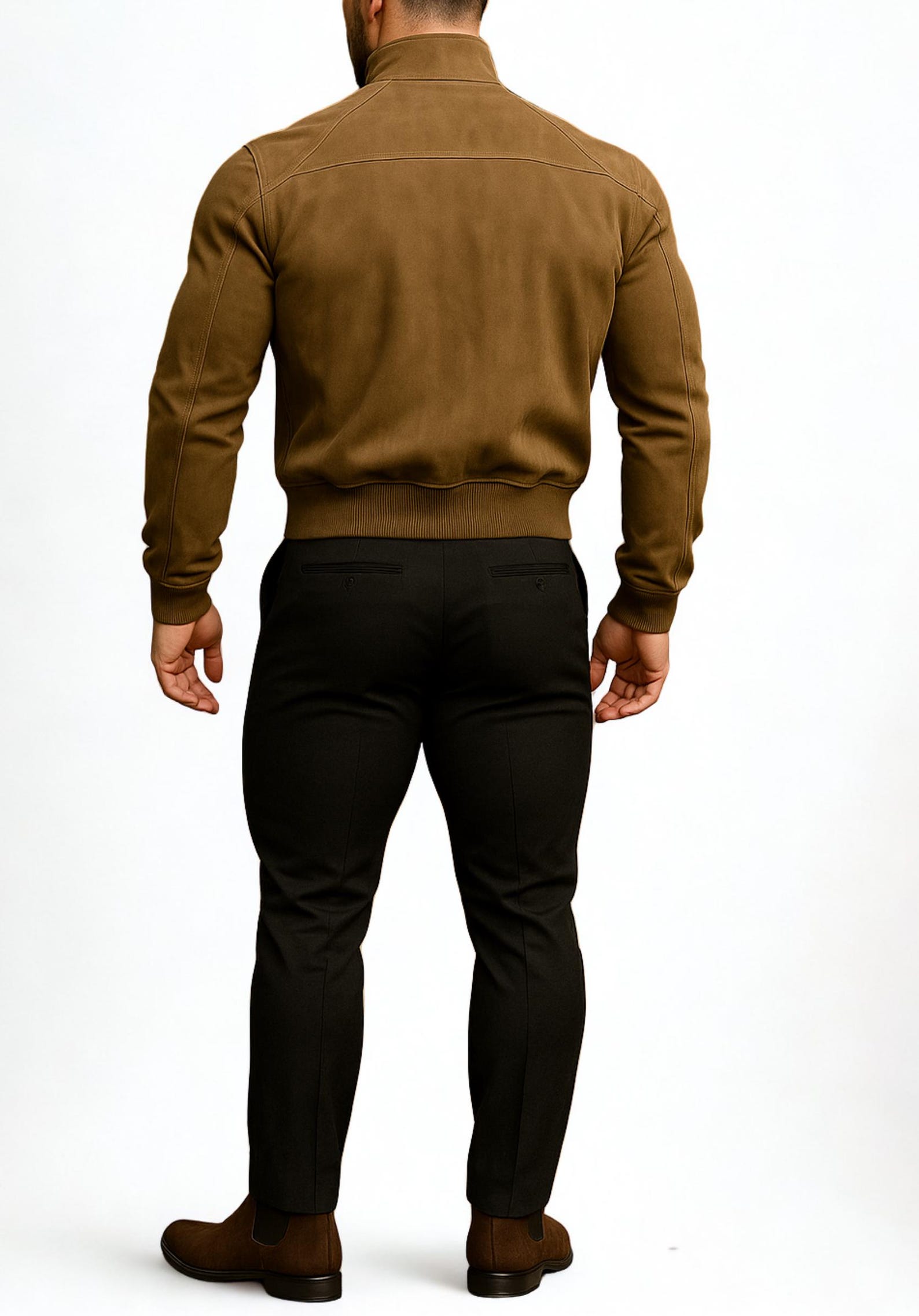 Men's Suede Bomber Jacket-Camel Brown, Dual Zipper-Valor
